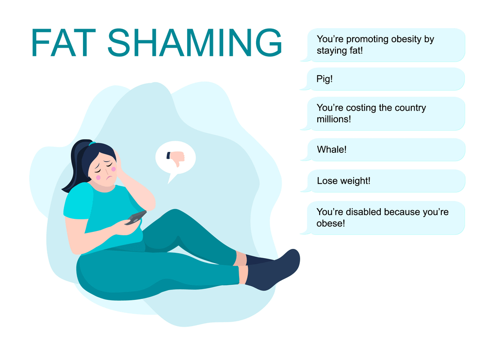 Fat shaming or body shaming situation. Overweight curvy woman recieve a shameful messages and dislikes. Vector illustration
