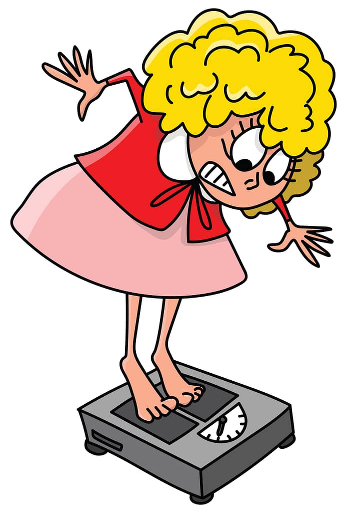 Cartoon woman gets shocked as she steps on the scale