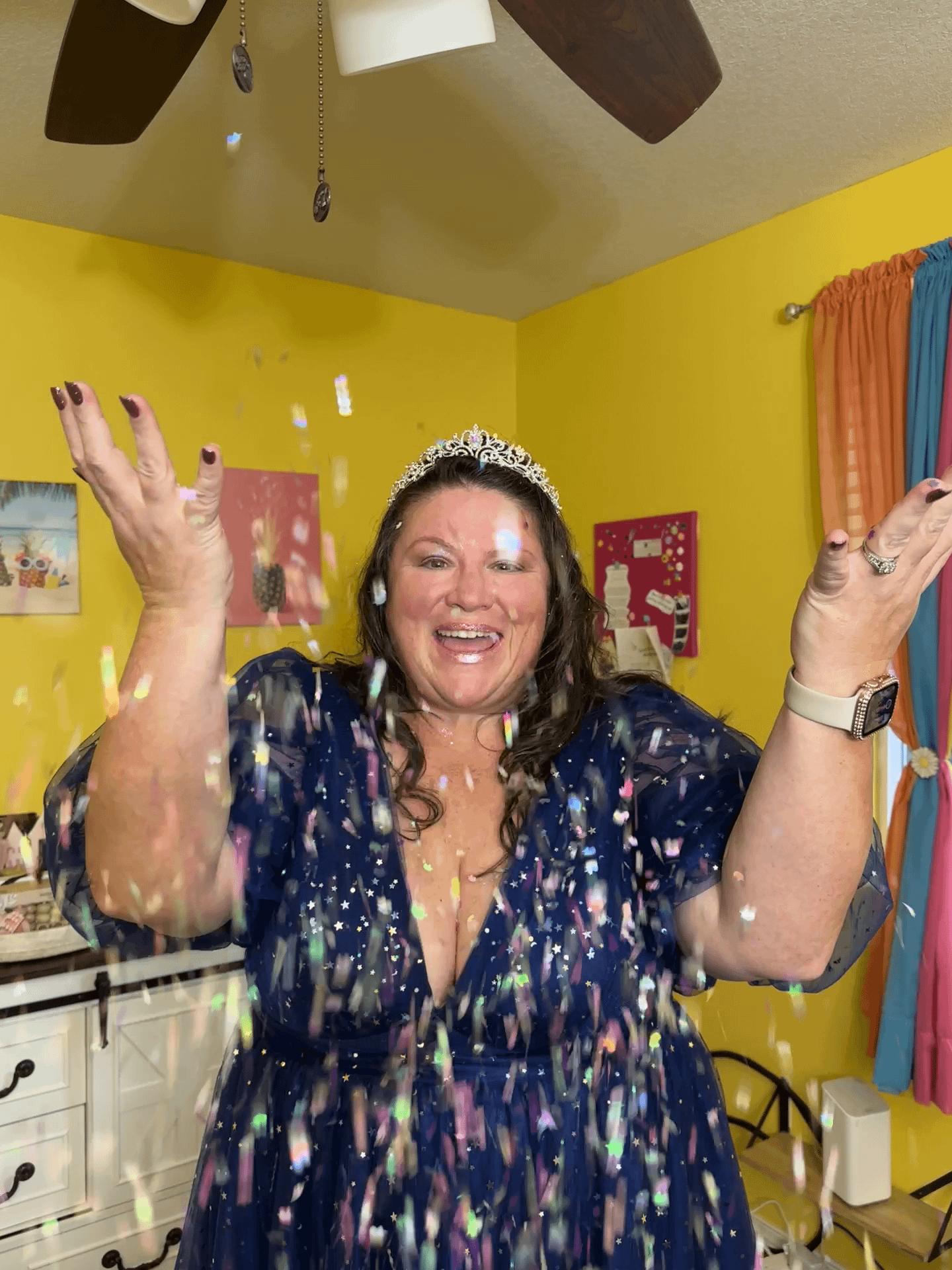 self-love plus size woman in fairy godmother dress throwing confetti 