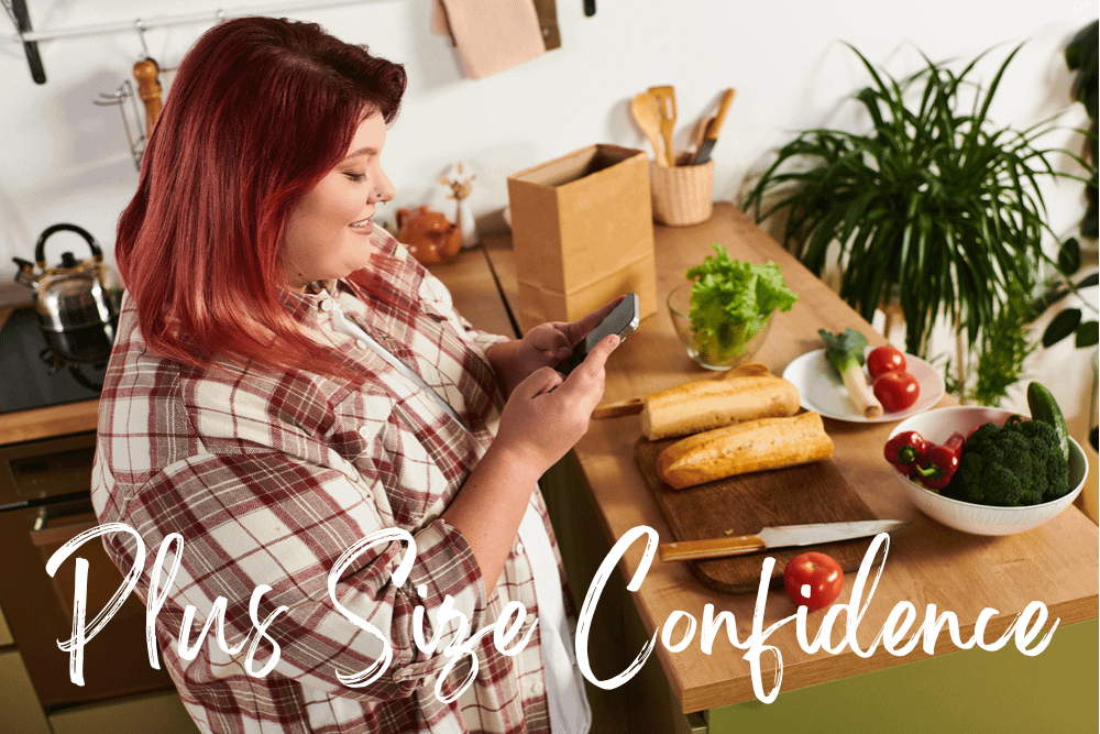 plus size woman with food around her in the kitchen